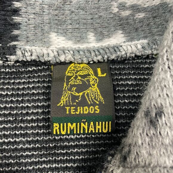 Vintage Tejidos Rumiñahui Sweater Mens Large Gray Wool Aztec Full Zip Knit - Picture 3 of 7